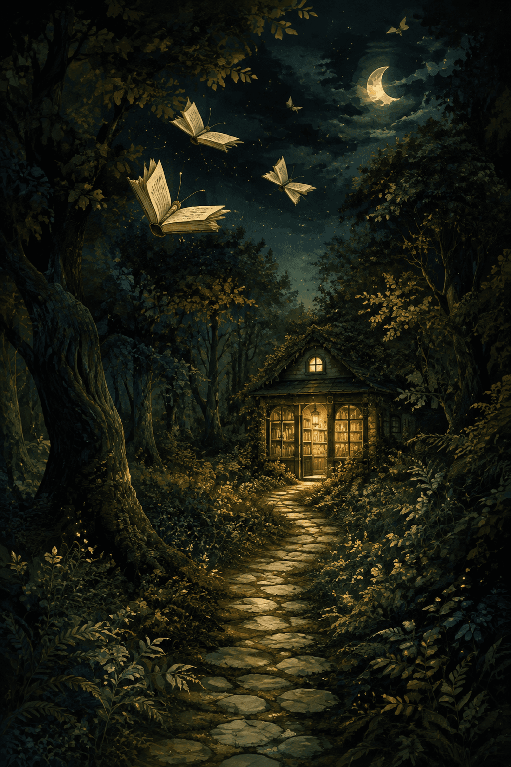 An illustrated bookshop glowing in a midnight forest