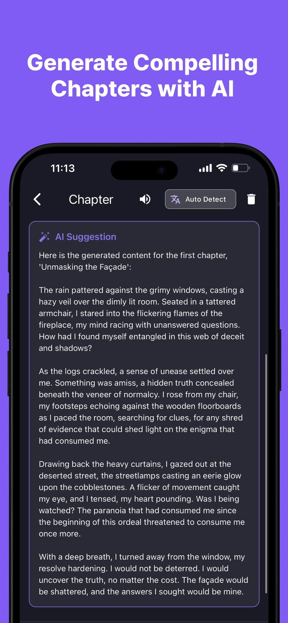 An AI-suggested chapter draft in the AIBookCraft editor