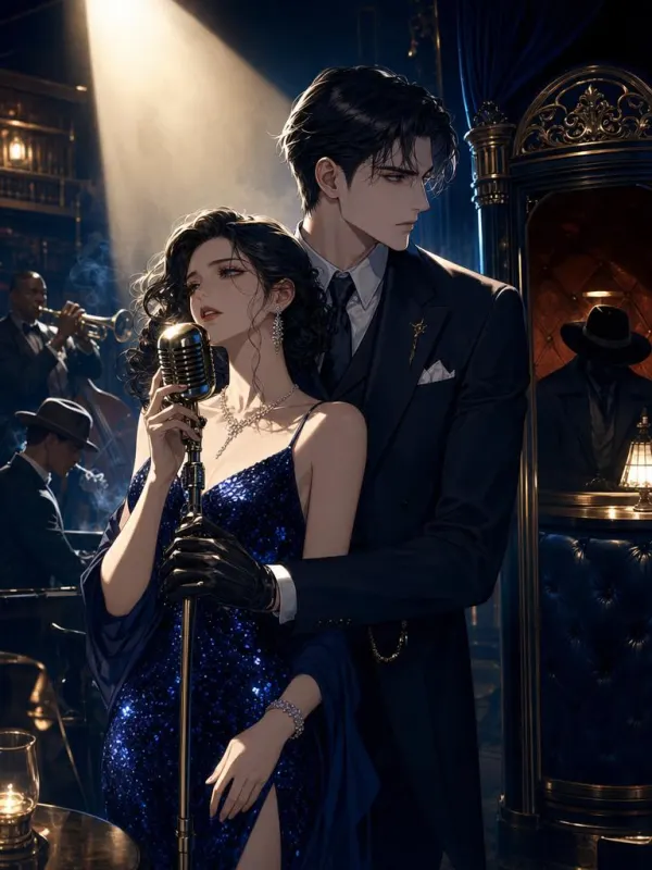 Don't Sing for the Man in Booth Nine cover: An adult woman in her late 20s in a midnight-blue sequined dress sings into a vintage microphone under a single spotlight, while a pale adult man who looks in his mid 30s, in a dark three-piece suit and gloves, stands close behind her shoulder with his hand over hers on the mic stand, gaze fixed on a shadowed booth.