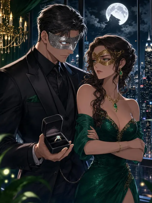 Fake Engaged to the Manhattan Alpha cover: An adult man in his mid 30s in a tailored black suit and silver half-mask, eyes glowing silver, offers an open ring box to an adult woman in her early 30s in an emerald gown and gold masquerade mask who raises one skeptical eyebrow, both standing close at the floor-to-ceiling window of a Manhattan penthouse ballroom at night, a full moon over the skyline. Palette: emerald green and black..