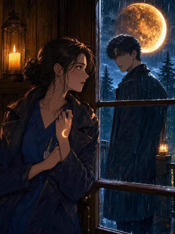 Hunter's Moon cover: An adult woman ER nurse in her mid-20s in a rain-soaked coat presses her back to a cottage door, a glowing crescent mark on her wrist, while a tall adult man in his late 20s with storm-grey eyes waits on the porch beyond the rain-streaked window, a huge amber hunter's moon over black pines, candlelight inside. Palette: amber and midnight blue..
