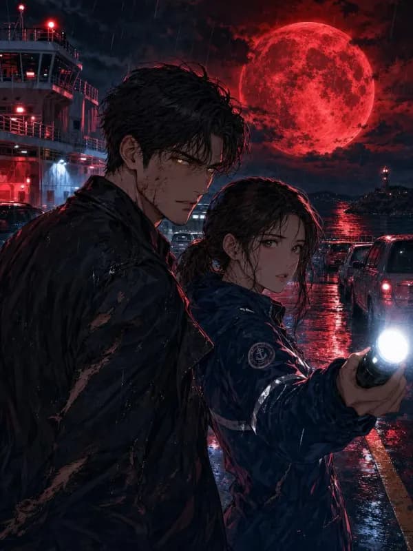 Last Ferry Before the Blood Moon cover: An adult man in his early 30s in a torn dark coat, eyes glowing faint gold, stands shoulder to shoulder with an adult woman in her late 20s in a crew rain jacket who aims a flashlight beam into the dark, both braced on the rain-slick car deck of a night ferry, a huge blood moon rising over black water behind them. Palette: blood red and steel blue..