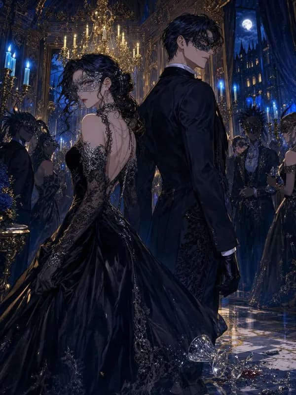 Murder at the Coven Masquerade cover: An adult woman in her early 30s in a black velvet gown and silver lace mask stands back to back with an adult man in his early 30s in a dark tuxedo and half-mask, both scanning a candlelit ballroom of masked guests, blue candle flames flickering and a shattered goblet on the marble floor at their feet.