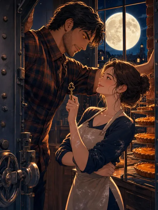 My Neighbor Only Knocks on Full Moons cover: An adult man in his mid 30s in rolled flannel sleeves, eyes glowing amber, braces one hand on a heavy open bank-vault door and looks down at an adult woman in her late 20s in a flour-dusted apron who holds a brass key up between them, both fighting a smile.