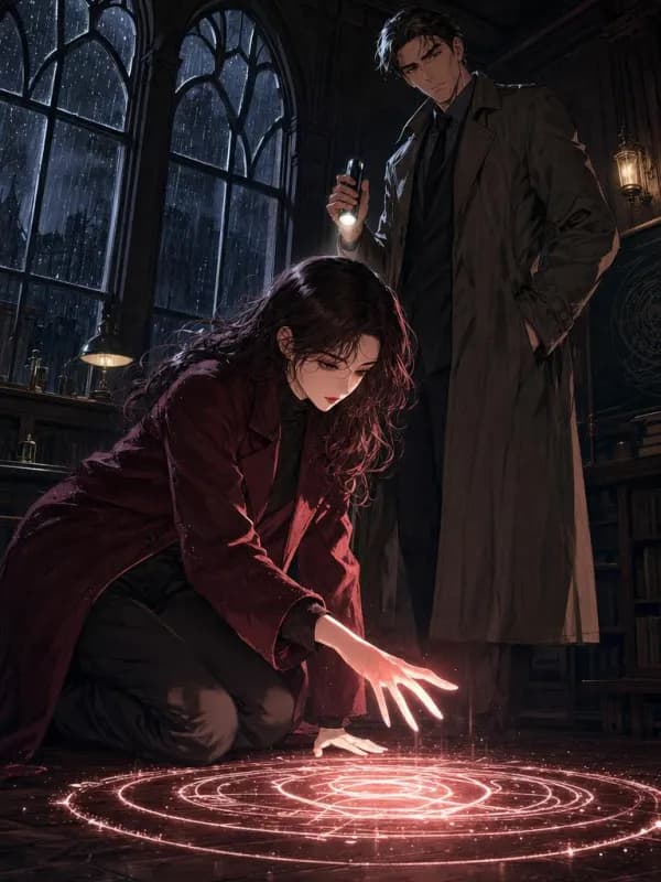 The Chalk Circle in My Handwriting cover: An adult woman in her late 20s in a rain-damp wool coat kneels with one softly glowing hand hovering over a luminous chalk circle on a wooden floor, while an adult man in his mid 30s, a detective in a battered trench coat, stands over her with a flashlight, suspicious and intrigued.