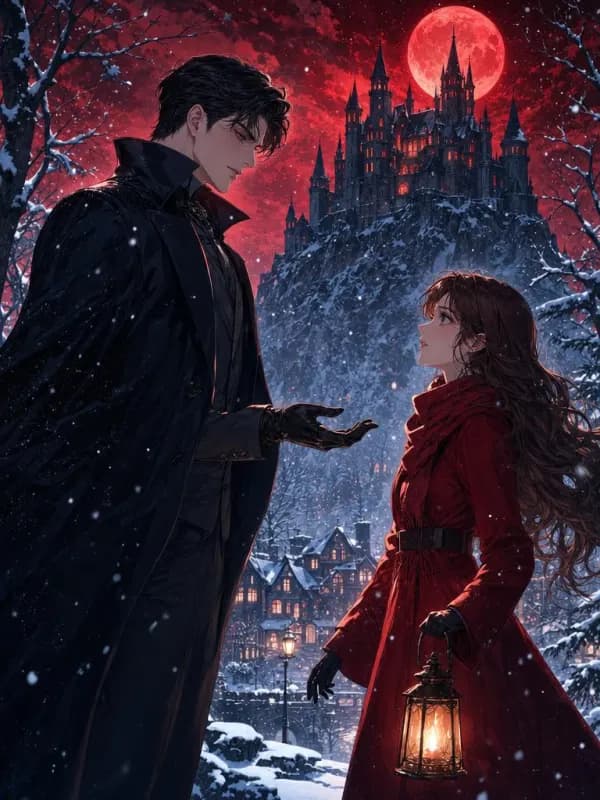 The Vampire Who Refused His Tribute cover: A tall, pale adult man who looks in his mid 30s, bareheaded in a long black coat, stands at a snowy forest edge holding out a gloved hand to an adult woman in her early 30s in a red wool coat clutching a lantern, snowflakes suspended between them.