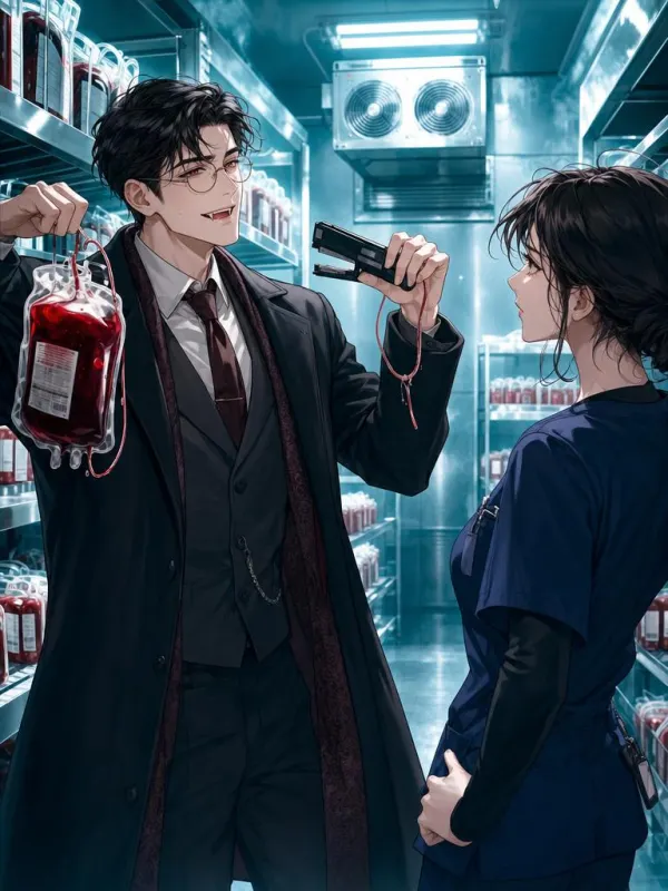 The Vampire Who Robbed My Blood Bank cover: An adult man who looks in his early 30s, in a vintage overcoat and wire spectacles with a sheepish smile and a hint of fangs, holds a blood bag in each hand like a caught burglar, facing an adult woman in her early 30s in navy scrubs who points a stapler at him like a weapon.