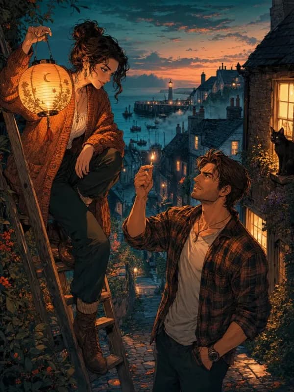 The Witch Across the Street Has My Other Half cover: An adult woman in her late 20s in a chunky knit cardigan perches on a wooden ladder holding a glowing paper lantern and glares playfully down at an adult man in his early 30s in a rumpled flannel shirt who holds up a lit match and scowls back.